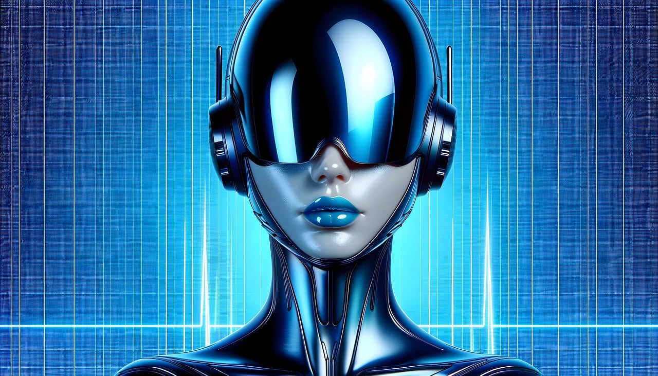 AI Chat Bot head and shoulders female with blue glasses